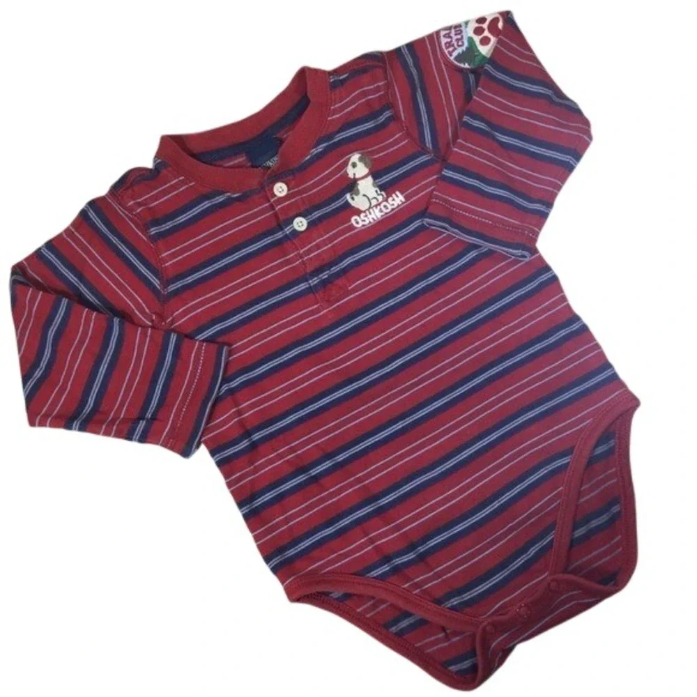 OshKosh B'gosh Henley Baby Boy Bodysuit 24M Red‎ Blue Striped Cotton Dog Patch